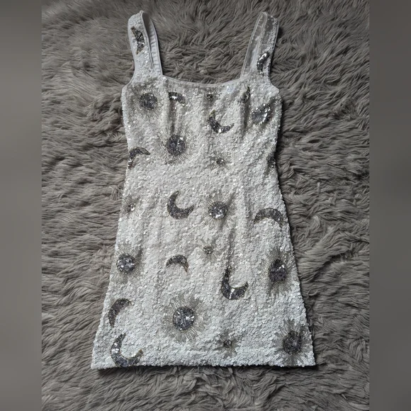 NWOT Show Me Your Mumu Lets Go Mini Dress in White Celestial Sequins